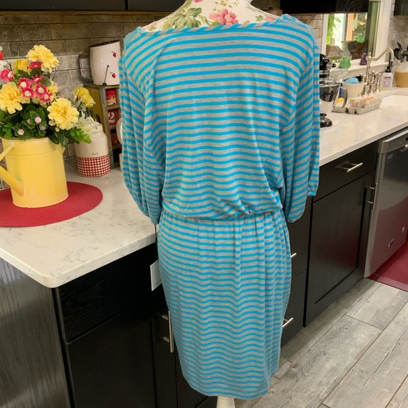 Calvin Klein Blue Gray Striped Drawstring Waist Knit Dress Sz 10 Stretch - Picture 4 of 11